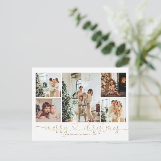 Heart Script Gold Kerst 5 Foto Feestdagenkaart (Staand voorkant)