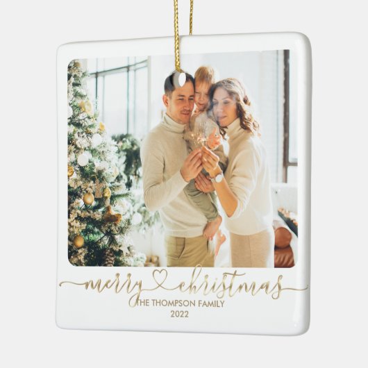 Heart Script Gold Merry-kerstfoto-feestdag Keramisch Ornament (Links)