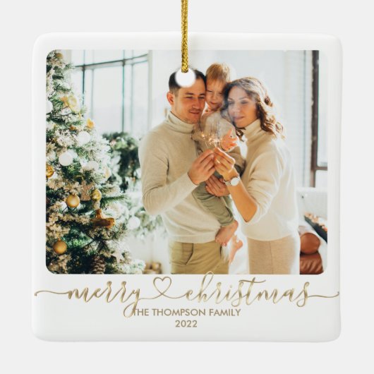 Heart Script Gold Merry-kerstfoto-feestdag Keramisch Ornament (Achterkant)