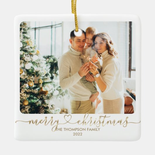 Heart Script Gold Merry-kerstfoto-feestdag Keramisch Ornament (Voorkant)