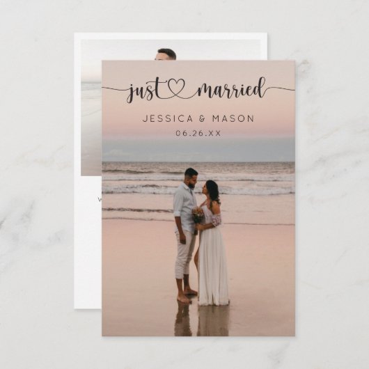 Heart Script Just Married Aankondiging Uitnodigen (Voorkant / Achterkant)