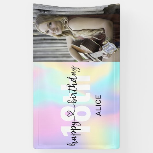 Heart Script Photo Birthday Holographic Spandoek (Verticaal)