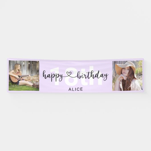 Heart Script Photo Birthday Pastel Paars Banner (Horizontaal)