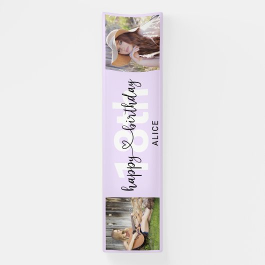 Heart Script Photo Birthday Pastel Paars Banner (Verticaal)