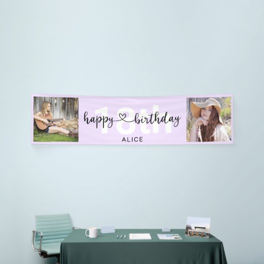 Heart Script Photo Birthday Pastel Paars Banner (Beurs)
