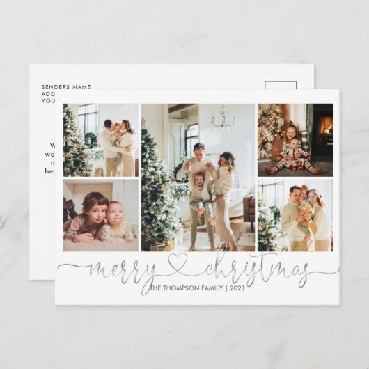 Heart Script Silver Grey Merry Kerstmis 5 Foto Feestdagenkaart (Voorkant / Achterkant)