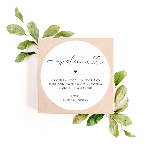Heart Script Wedding Welkom Hotel Gift Bag Box Ronde Sticker