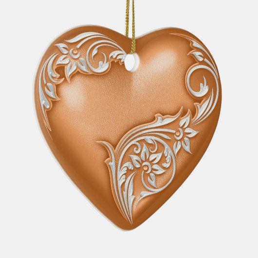Heart Scroll Copper Oranje w White Keramisch Ornament (Rechts)