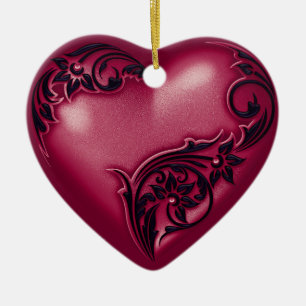 Heart Scroll Cranberry w Black Keramisch Ornament