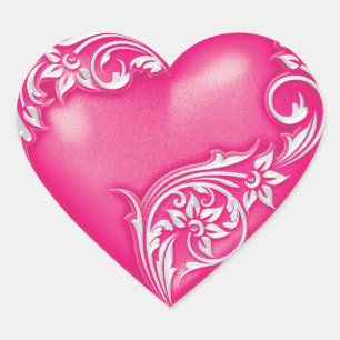 Heart Scroll Hot Pink w White Hart Sticker