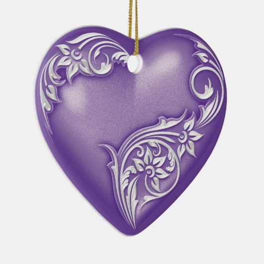 Heart Scroll Paars w White Keramisch Ornament (Rechts)