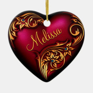 Heart Scroll Red Gold Aangepast Ornament