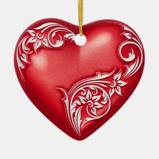 Heart Scroll Red w White Keramisch Ornament (Voorkant)