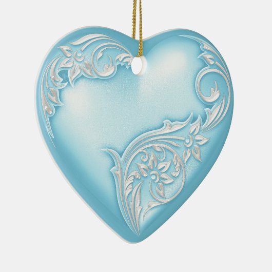 Heart Scroll Sky Blue w White Keramisch Ornament (Rechts)