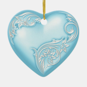 Heart Scroll Sky Blue w White Keramisch Ornament