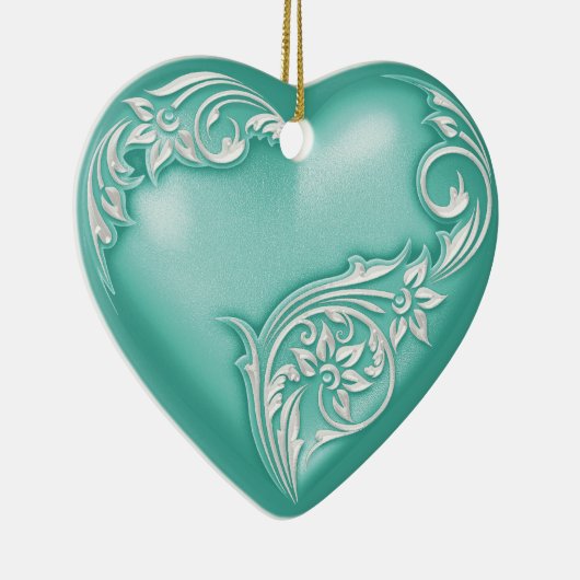 Heart Scroll Turquoise w White Keramisch Ornament (Rechts)