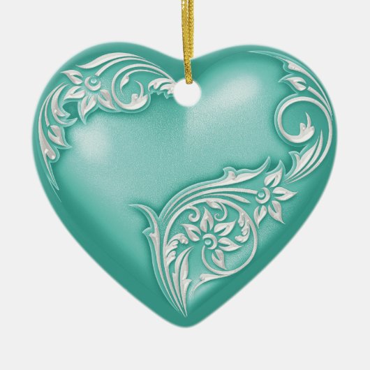 Heart Scroll Turquoise w White Keramisch Ornament (Voorkant)