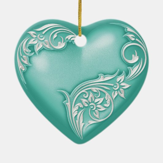 Heart Scroll Turquoise w White Keramisch Ornament (Achterkant)