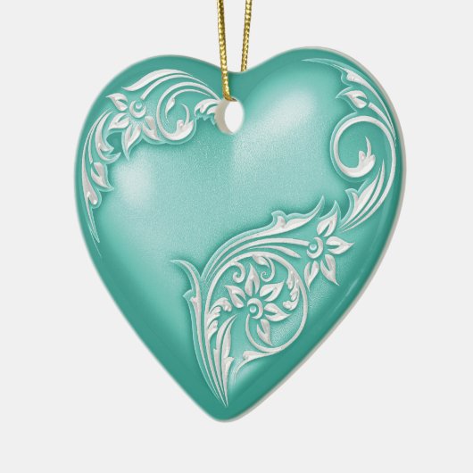 Heart Scroll Turquoise w White Keramisch Ornament (Links)