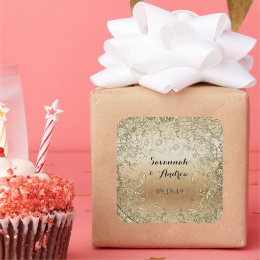 Heart Shape Black en Gold Wedding Seal Vierkante Sticker (Feest)