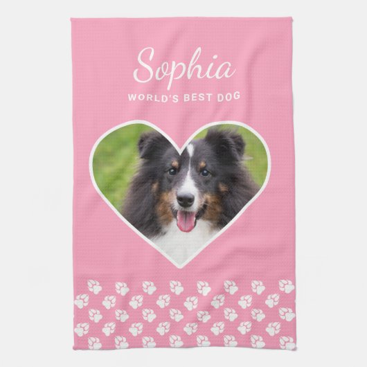 Heart Shape Custom Pet Foto op roze & tekst Theedoek (Verticaal)