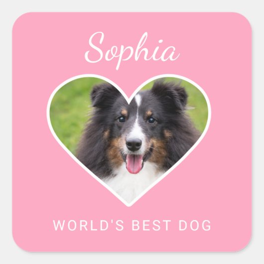 Heart Shape Custom Pet Foto op roze & tekst Vierkante Sticker (Voorkant)
