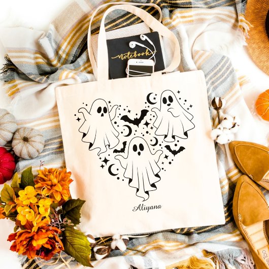 Heart Shape Ghost & Bats Illustratie Halloween Tote Bag