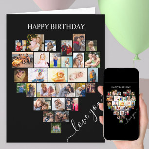 Heart Shape Photo Collage Love Script Birthday Kaart