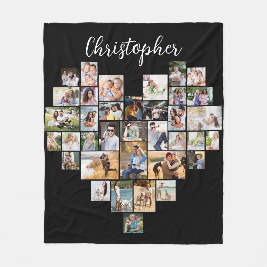 Heart Shaped 36 Foto Collage Script Name Black Fleece Deken (Voorkant)