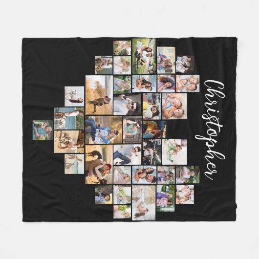 Heart Shaped 36 Foto Collage Script Name Black Fleece Deken (Voorkant (Horizontaal))
