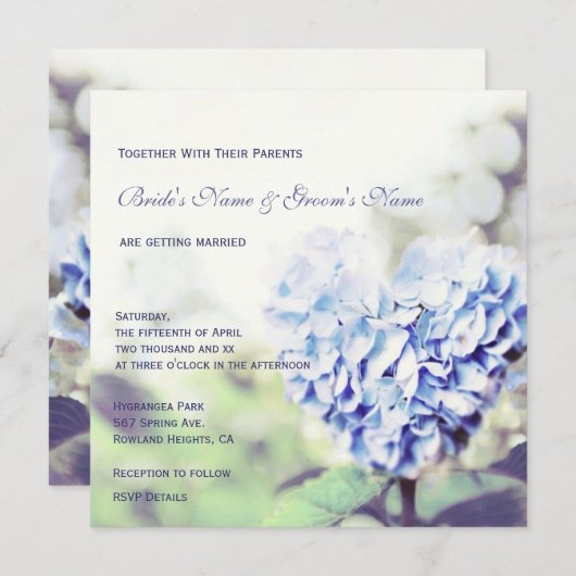 Heart-Shaped Blue Hydrangea Wedding Invitation Kaart (Voorkant / Achterkant)