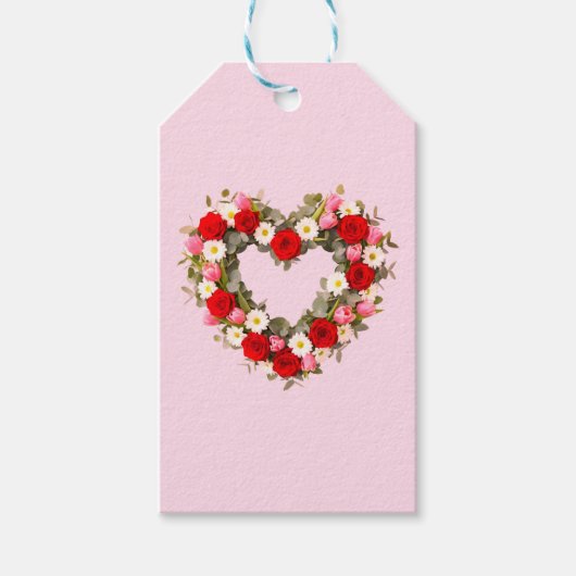Heart Shaped Floral Wreath Roses Daisies Tulips Cadeaulabel (Voorkant)