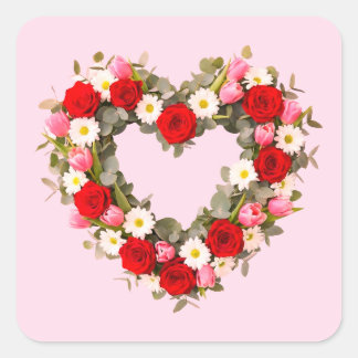 Heart Shaped Floral Wreath Roses Daisies Tulips Vierkante Sticker
