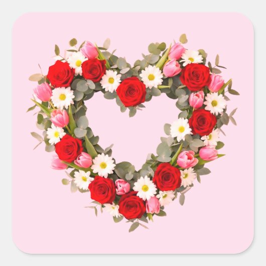 Heart Shaped Floral Wreath Roses Daisies Tulips Vierkante Sticker (Voorkant)