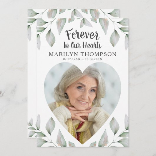 Heart Shaped Foto Waterverf Greenery Memorial Programmakaart (Voorkant / Achterkant)