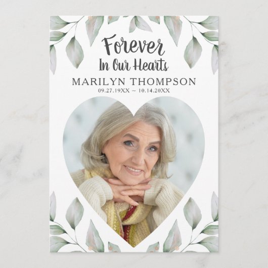 Heart Shaped Foto Waterverf Greenery Memorial Programmakaart (Voorkant)