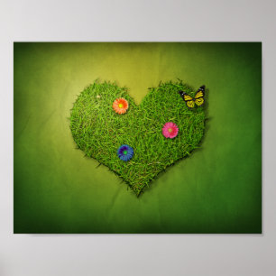 Heart-Shaped Lawn Flowers Butterfly Poster