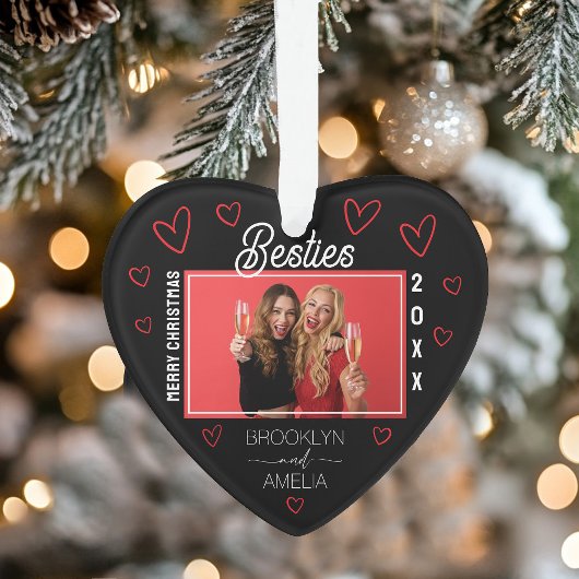 Heart Shaped Photo Black and Red Besties Christmas Ornament
