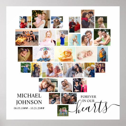 Heart Shaped Photo Collage Funeral Memorial Square Poster (Voorkant)