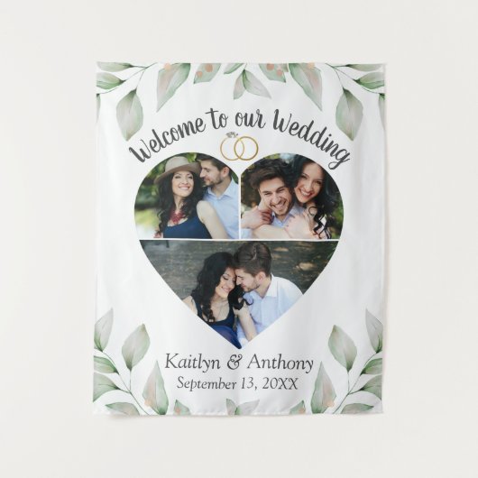Heart Shaped Photo Collage Weddenschap Welkom Wandkleed (Voorkant)