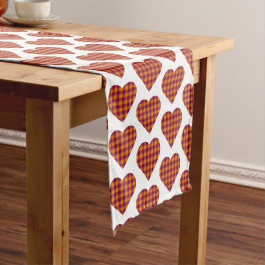 Heart Shaped Plaid Orange Burgundy Table Runner Korte Tafelloper (Voorbeeld)