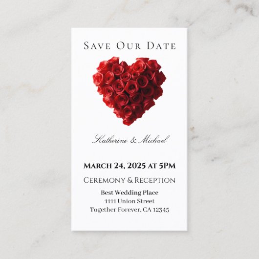 Heart Shaped Red Rose-Save the Date- Visitekaartje (Voorkant)