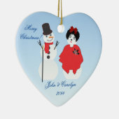 Heart Shaped Snowman Couple Kerstmis Keramisch Ornament (Rechts)