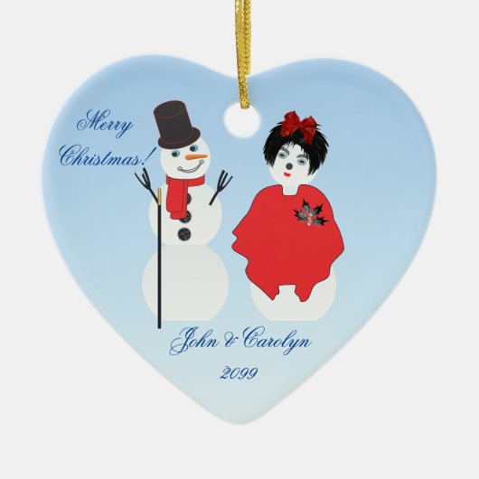 Heart Shaped Snowman Couple Kerstmis Keramisch Ornament (Voorkant)