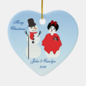 Heart Shaped Snowman Couple Kerstmis Keramisch Ornament (Achterkant)