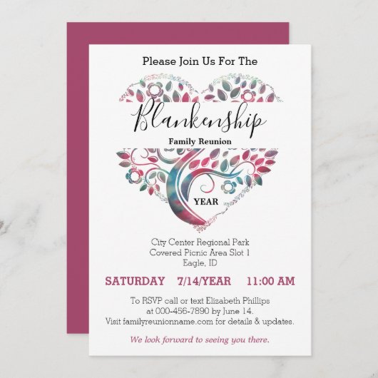 Heart Shaped Tree Family Reunion Template Kaart (Voorkant / Achterkant)