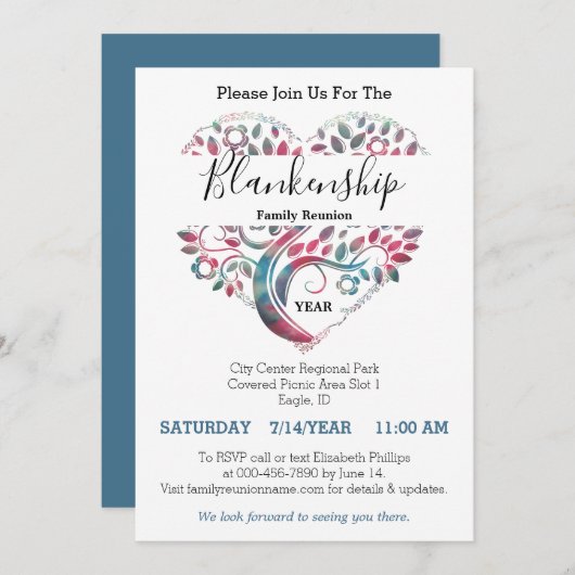 Heart Shaped Tree Family Reunion Template Kaart (Voorkant / Achterkant)