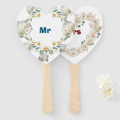 Heart-Shaped Wedding Hand Fans – Mr & Mrs Floral D Handwaaier (Voorkant en achterkant)