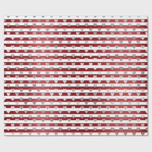 Heart Silver Grey Metallic Stripes Lines Red White Cadeaupapier (Vlak)