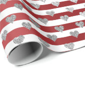 Heart Silver Grey Metallic Stripes Lines Red White Cadeaupapier (Rol Hoek)